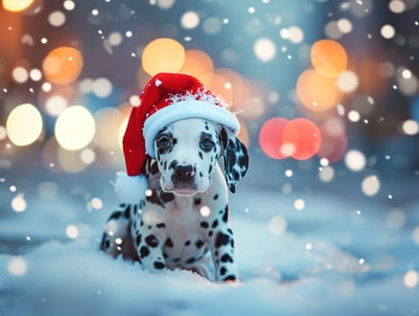 cute puppy Dalmatian Dog in a Santa Claus hat in the forest. Black and white spotted Dalmatian dog wearing a red hat.
