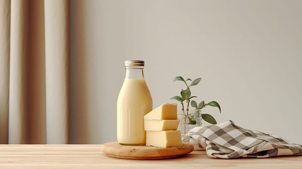 Variety of dairy products on the kitchen table, copy space. bottle of milk, cheese, butter, Farm dairy products concept