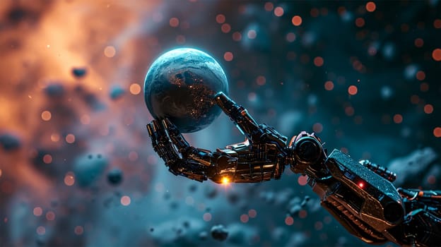close-up of a robot hand holding a planet against a background of space.copy space .science and space development