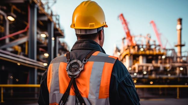 Back view of rig worker on oil platform. Offshore oil and gas industry. AI generated