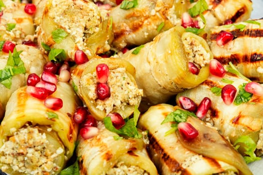 Badrijani, a famous Georgian dish, is a snack made from eggplant, meat and nuts. Healthy food.