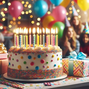 The image depicts a vibrant birthday scene with a colorful cake, lit candles, gifts, and balloons. Festive and joyful atmosphere