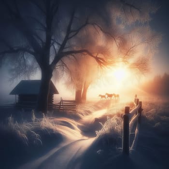 A serene winter sunrise illuminating a snowy landscape, with a cabin, bare tree, and horses in the distance. The ground is covered with snow and frosty grasses that glisten under the sunlight