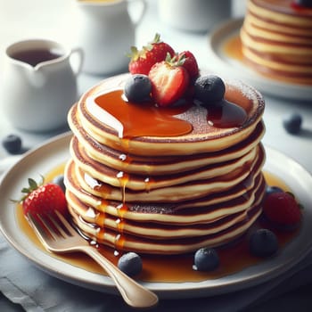 A stack of golden brown pancakes with syrup, strawberries and blueberries on a white ceramic plate. In the background are two white jugs, one containing more syrup