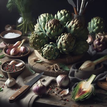 The image depicts artichokes and garlic on a rustic wooden board, surrounded by fresh herbs and spices. The dark, moody atmosphere enhances the textures