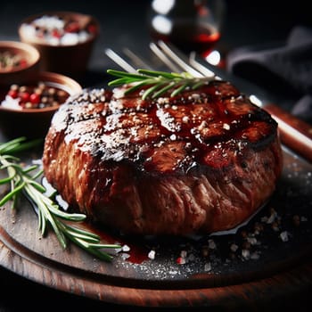 A succulent piece of grilled steak with rosemary, salt, and pepper on a dark wooden board. A glass of red wine and additional spices are visible in the background