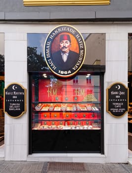 Istanbul, Turkey - May 13, 2023: Hafiz Moustafa, old traditional Turkish Delights shop, in Istiklal Street, near Taksim Square