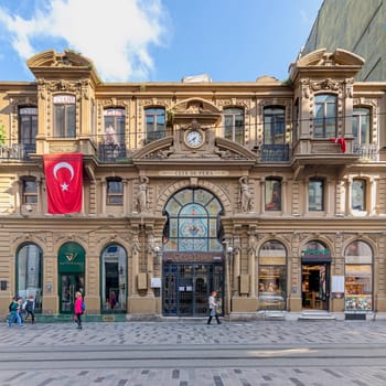 Istanbul, Turkey - May 13, 2023: Cicek Pasaji, or Cite de Pera, a historic passage, built during the late Ottoman era in 1876 by Hristaki Zografos Efendi and designed by the architect Cleanthy Zanno