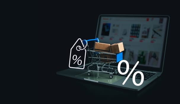 Shopping concept. Paper boxes in blue shopping cart with sale price tag on white background. online shopping consumers can shop from home and delivery service. with copy space.