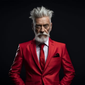 eccentric stylish senior man in a bright red suit and a daring haircut on a dark background. the concept of a busy life in adulthood and mental health