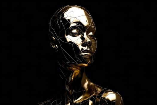 Abstract illustration of a gold and black bust of a female sculpture isolated on a black background.