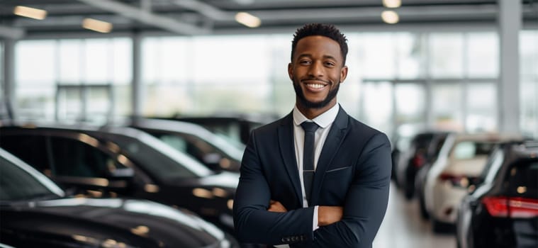 Happy smiling young African American executive manager standing confidently with arms crossed and looking at camera in car dealership. professional business man in a stylish suit.