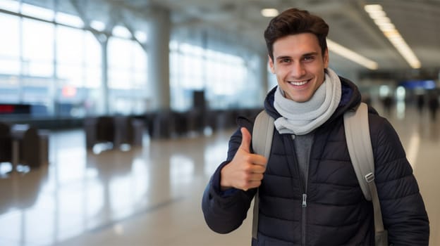 young cheerful man with a backpack at the airport or at the bus station shows with his thumb everything is OK, travel and tourism concept.