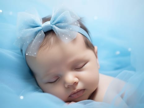 Newborn baby in a blue bandage with a bow and tulle. Close-up portrait of a child. Newborn baby lifestyle concept