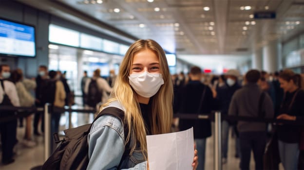 young cheerful woman in a medical mask with a mockup of a blank sheet in her hands meets someone at the airport or train station, with space for text.