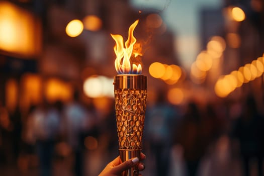 hand holds an Olympic torch with a flame burning on a blurred background of an evening street