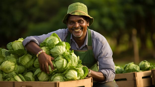 cheerful worker harvesting new cabbage harvest on farm, man with boxes of fresh white cabbage.