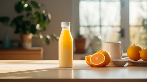 Orange smoothie, fruit juice, fresh orange drink in a bottle, on the table in the kitchen, copy space