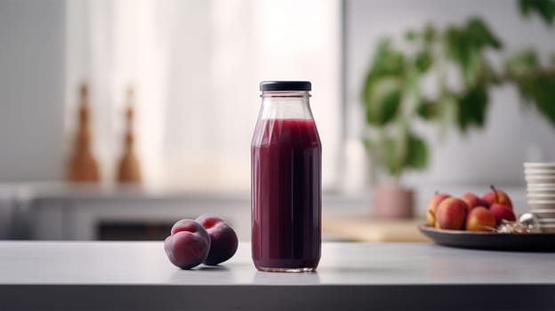 plum smoothie, fruit juice, drink from fresh plums in a bottle, on the table in the kitchen, copy space.