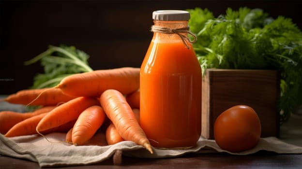 Fresh carrot juice in a bottle with carrots and herbs on a wooden table.