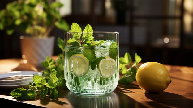glass with refreshing mint drink and lemon on wooden table