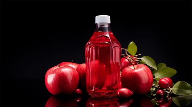 mockup of a bottle of apple juice or drink surrounded by apples on a dark background, with space for text, advertising of apple drinks