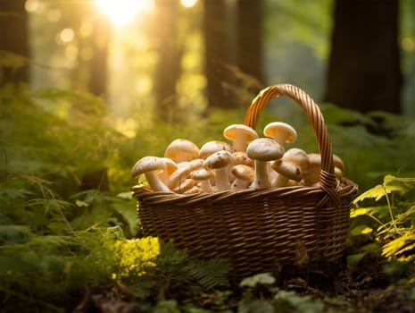 basket full of mushrooms in nature. Edible forest mushroom growing in moss in the forest in sunlight close-up.