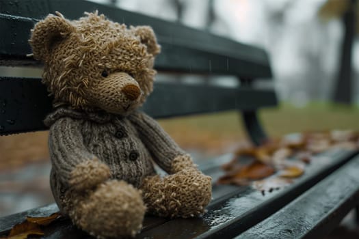 Lonely bear in a knitted sweater on a park bench, lost and alone in a rainy park. Loneliness concept, International Missing Children's Day.