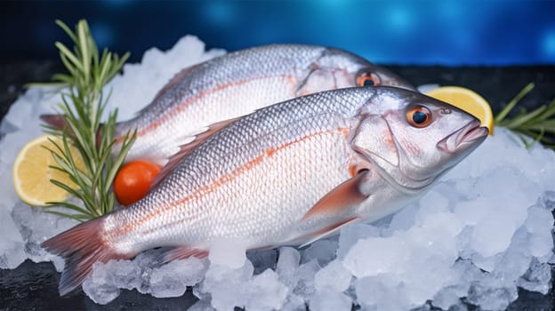 Fish with lemon slices on crushed ice pieces on a dish with copy space.