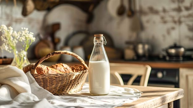 bottle of milk and Fresh homemade bread on a table in the kitchen with copy space.