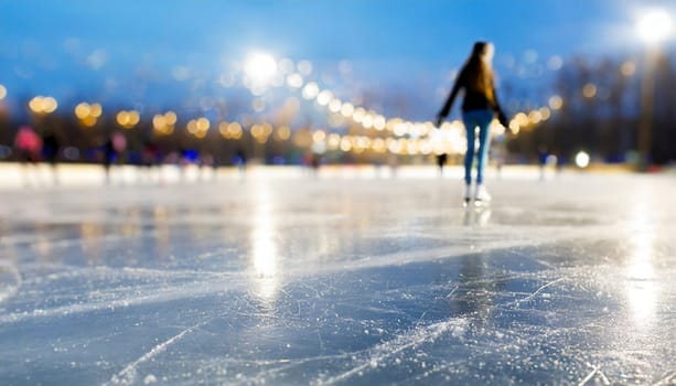 Ice skating rink in winter, blurred background. AI generated