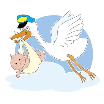 A stork is flying with a baby in it's beak