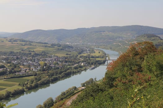 The Moselle valley near Bernkastel-Kues with the towns of Muelheim and Lieser in the background