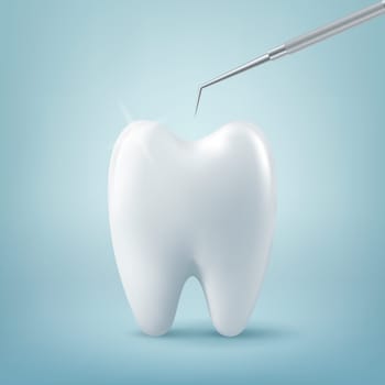 Vector 3d Realistic Tooth and Dental Probe for Teeth Closeup on Blue Background. Medical Dentist Tool. Design Template, Clipart, Mockup. Dentistry, Healthcare, Hygiene Concept.
