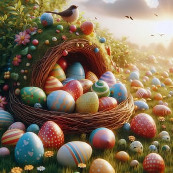 Colorful springtime bouquet with Easter eggs and flowers. artificial art