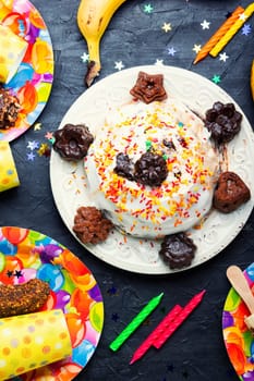 Festive children dessert. Banana cake or pie for the holiday table.