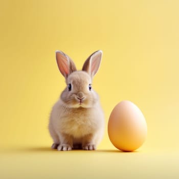 Easter tan bunny with light brown egg on yellow. Created using AI generated technology and image editing software.
