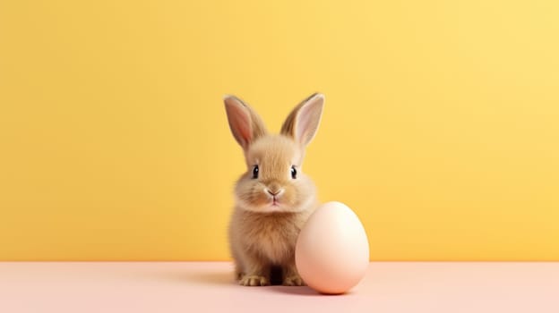 Easter tan bunny with light brown egg on yellow. Created using AI generated technology and image editing software.
