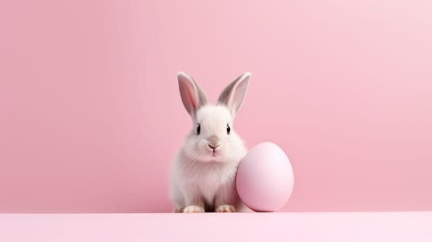 Easter white bunny with egg on pink. Created using AI generated technology and image editing software.