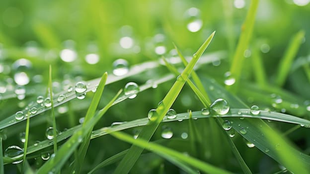 Dew on green grass in morning light. Created using AI generated technology and image editing software.
