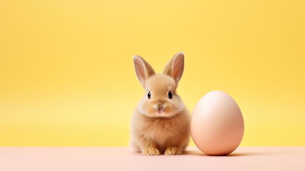 Easter tan bunny with light brown egg on yellow. Created using AI generated technology and image editing software.