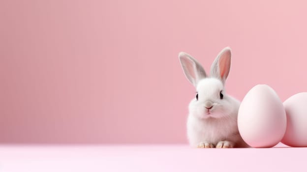 Easter white bunny with eggs on pink. Created using AI generated technology and image editing software.
