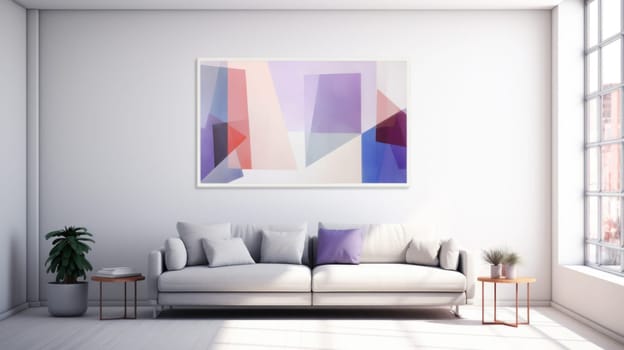 Modern minimalist living with abstract wall art. Created using AI generated technology and image editing software.