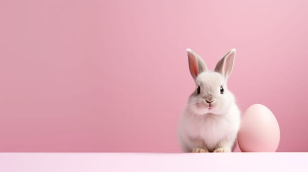 Easter white bunny with egg on pink. Created using AI generated technology and image editing software.