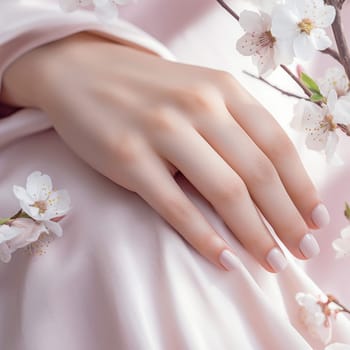 Pale pink manicure with cherry blossoms in bloom. Created using AI generated technology and image editing software.