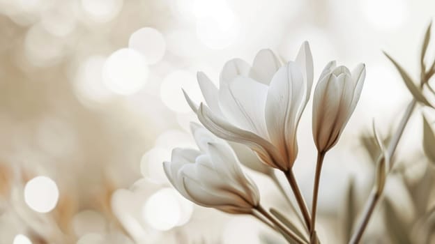 White bloom with soft light and bokeh. Created using AI generated technology and image editing software.