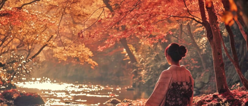 Kimono clad figure contemplating autumn river. Created using AI generated technology and image editing software.