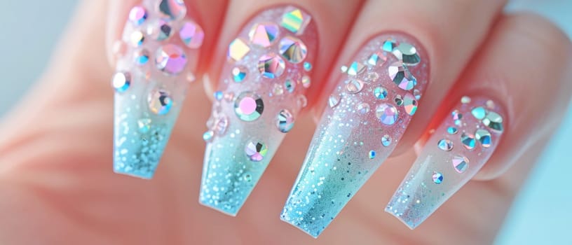 Blue and pink gradient nails with sparkles. Created using AI generated technology and image editing software.