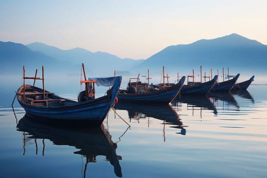 Traditional Wooden Boats on Calm Lake at Dawn. High quality photo