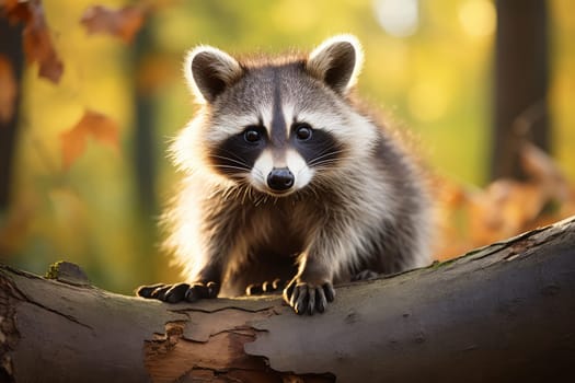 Curious Raccoon Peering from a Tree in Autumn Forest. High quality photo